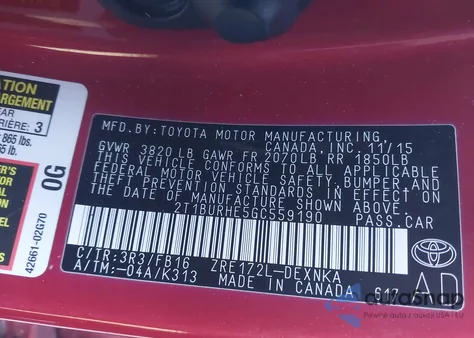 2016 Toyota Corolla Le из США, поврежденный, VIN 2T1BURHE5GC559190